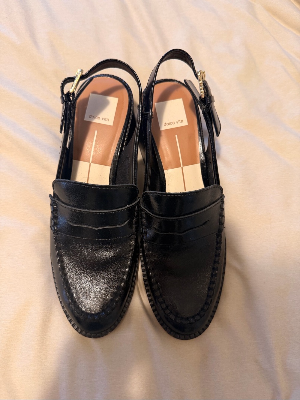 Dolce Vita Black Leather Penny Slingback Loafers with Gold Buckle